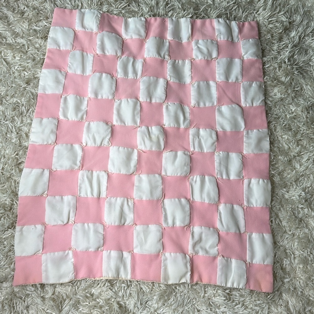 1960-70s Vintage pink & white patchwork homemade baby blanket